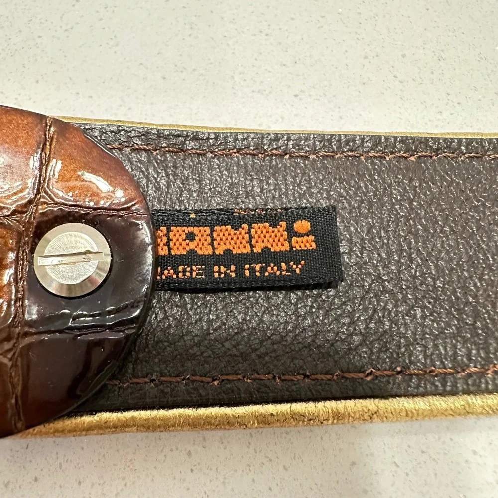 Nanni Italy Brown Crocodile Embossed Leather Belt Gold Engraved Buckle Size 34